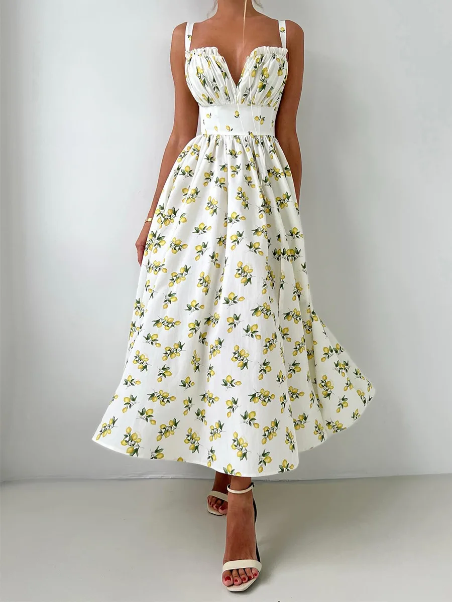 Bornladies 2025 Summer New Printing Cami Dress High Waist Slit Lemon Print Maxi Dress Vacation Long Dress For Women