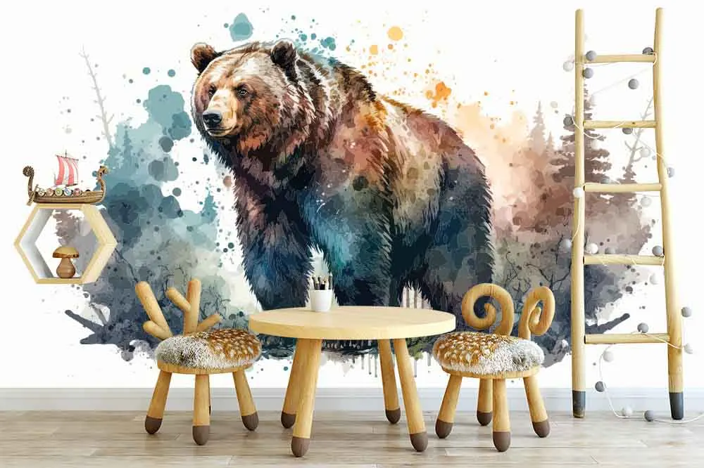 Animal Oil Painting Graffiti Bear Lion Print Living Room Decoration Wallpaper Peel and Stick Family Wallpaper Paper Decoration