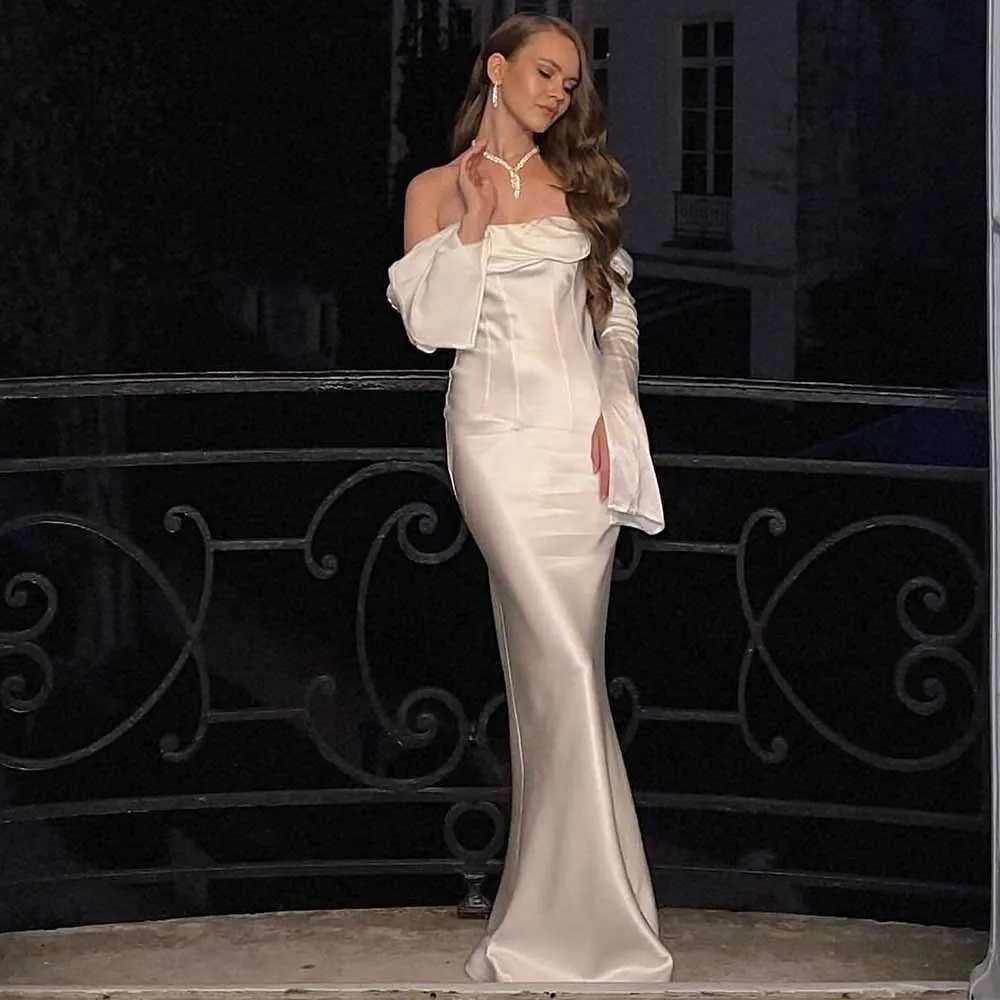 

Bright Gala Dresses Satin Sheath/Column Valentine's Day Dress White Off-the-shoulder Pleat 2025 Elegant Celebrity Gown Long