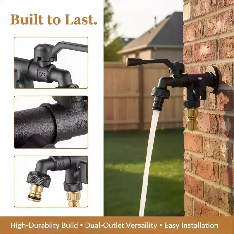 Outdoor Freeze Proof Zinc Alloy Dual Outlet Garden Water Faucet G1/2 Quick-connect Nipples Balcony Frost Protection Tap