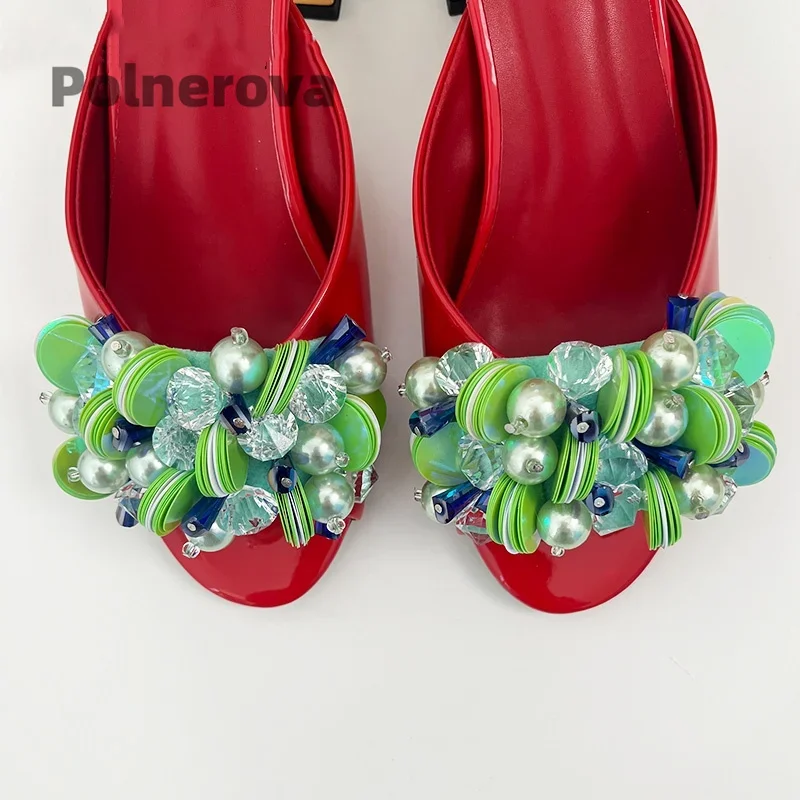 Rode Lakleer Slippers voor Vrouwen Boheemse Edelsteen Dikke Hakken Peep Toe Zomervakantie Schoenen Mode Runway Party Schoenen