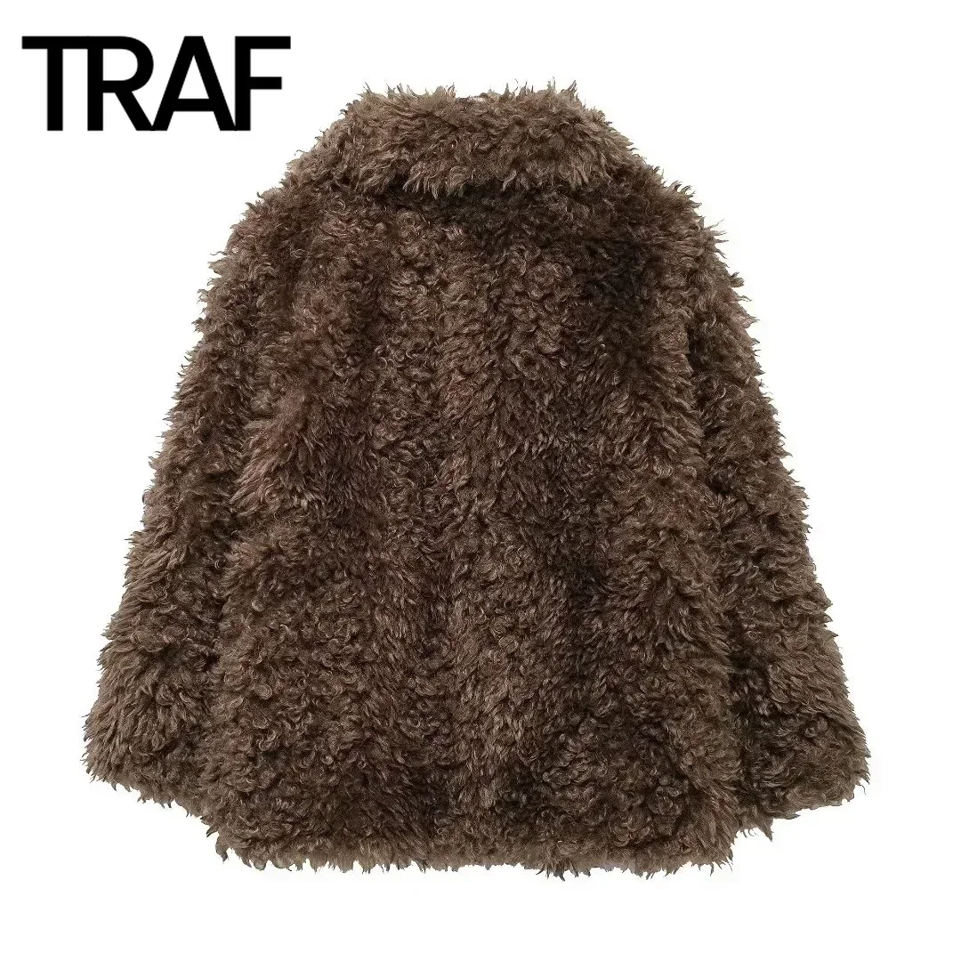 TRAF Faux Fur Overcoat for Women Fashion 2024 Winter New Melard Brown Retro Lapel Loose Fleece Thick Warm Long Jacket Coats