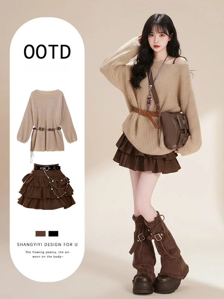 

Hong Kong Sle Retro ort Skirt Set oulder Bared Faionable Spring Season Spicy Girl Look High Waist Puffy Skirt Two Pie...