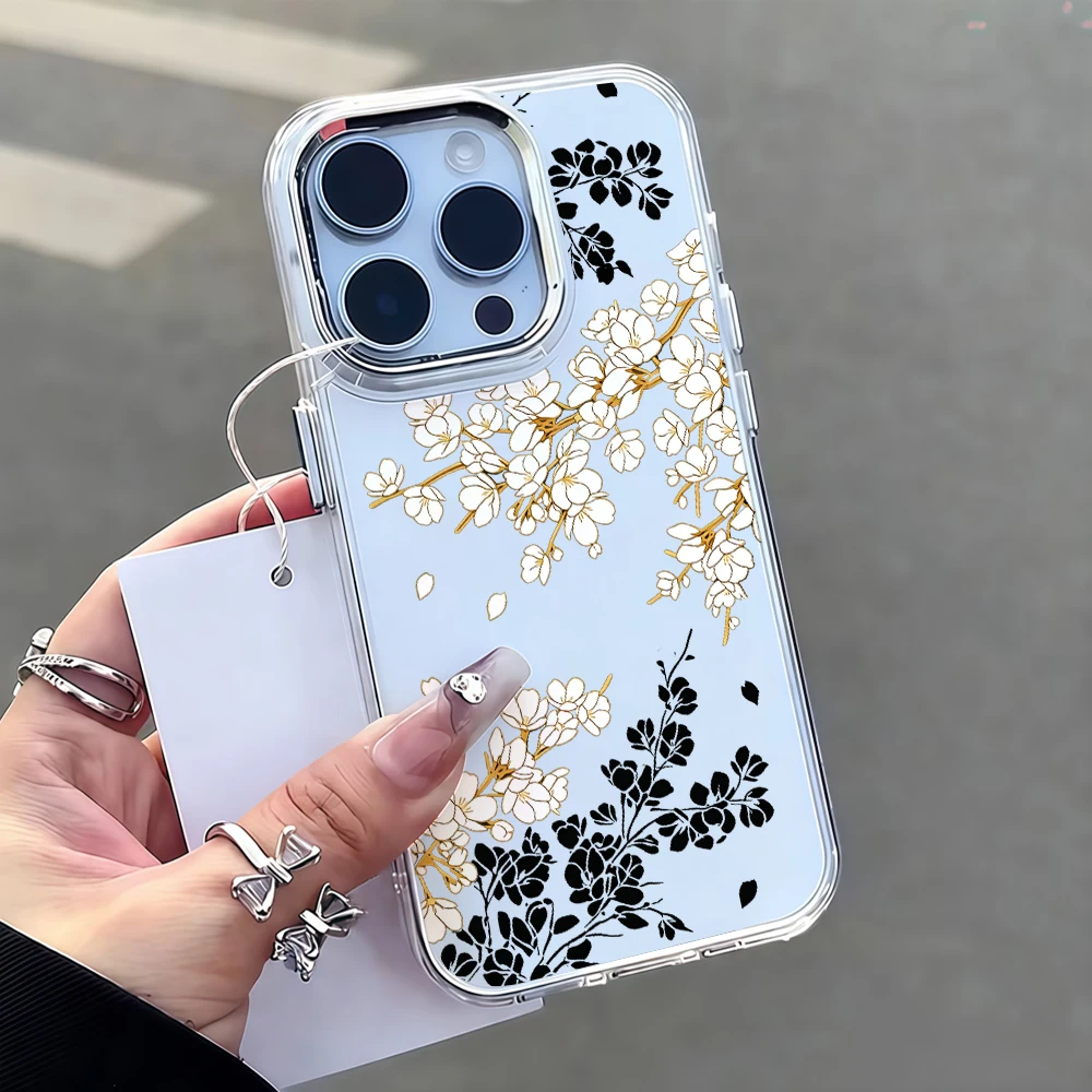 Phone Case For Samsung Galaxy S26 S25 S24 Ultra Plus A57 A56 A55 A37 A17 A07 5G Black White Golden Flower Branch Soft TPU Cover