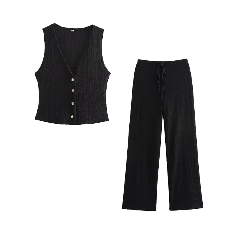 2025 Fashion Sleeveless Short Vest High Waist Trousers Solid Single Breasted Tank Tops & Vintage High Elastic Waist Pants Female
