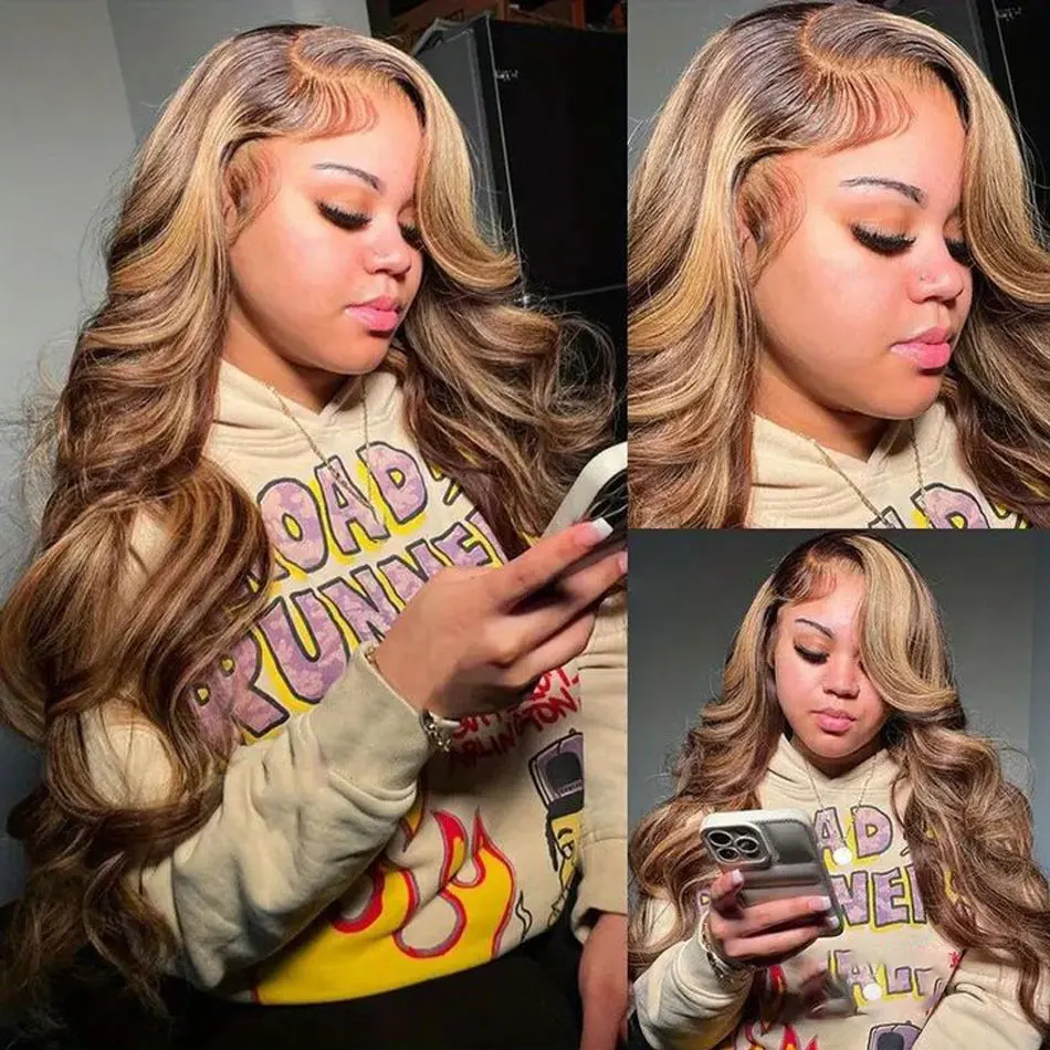 

P4/27 Ombre Highlight Body Wave Human Hair Wig 13x6 Hd Lace Frontal Wig 200% Density Ombre Honey Blonde Brown Body Wave Wig