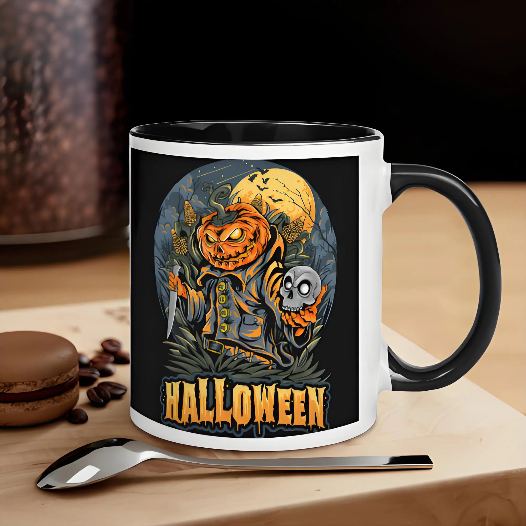 

Coffee Mug, Ceramic Drinkware, Ghost Pumpkin Head, Skull Pattern in Hand, Halloween Universal Gift, 11 oz, Reusable