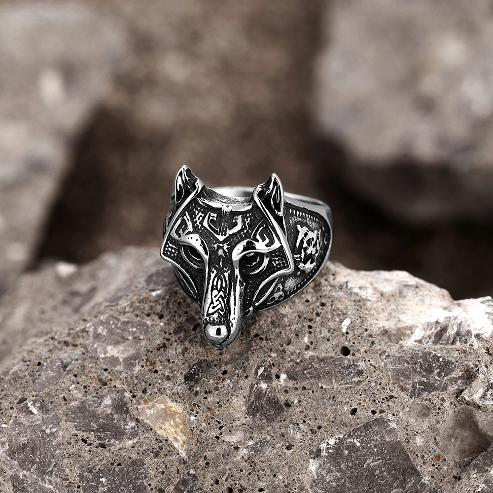 Vintage Norse Odin's Wolf Fenrir Rings Men's Antique Steel Viking Mythology Geri&Freki Finger Ring Amulet Male Icelandic Jewelry