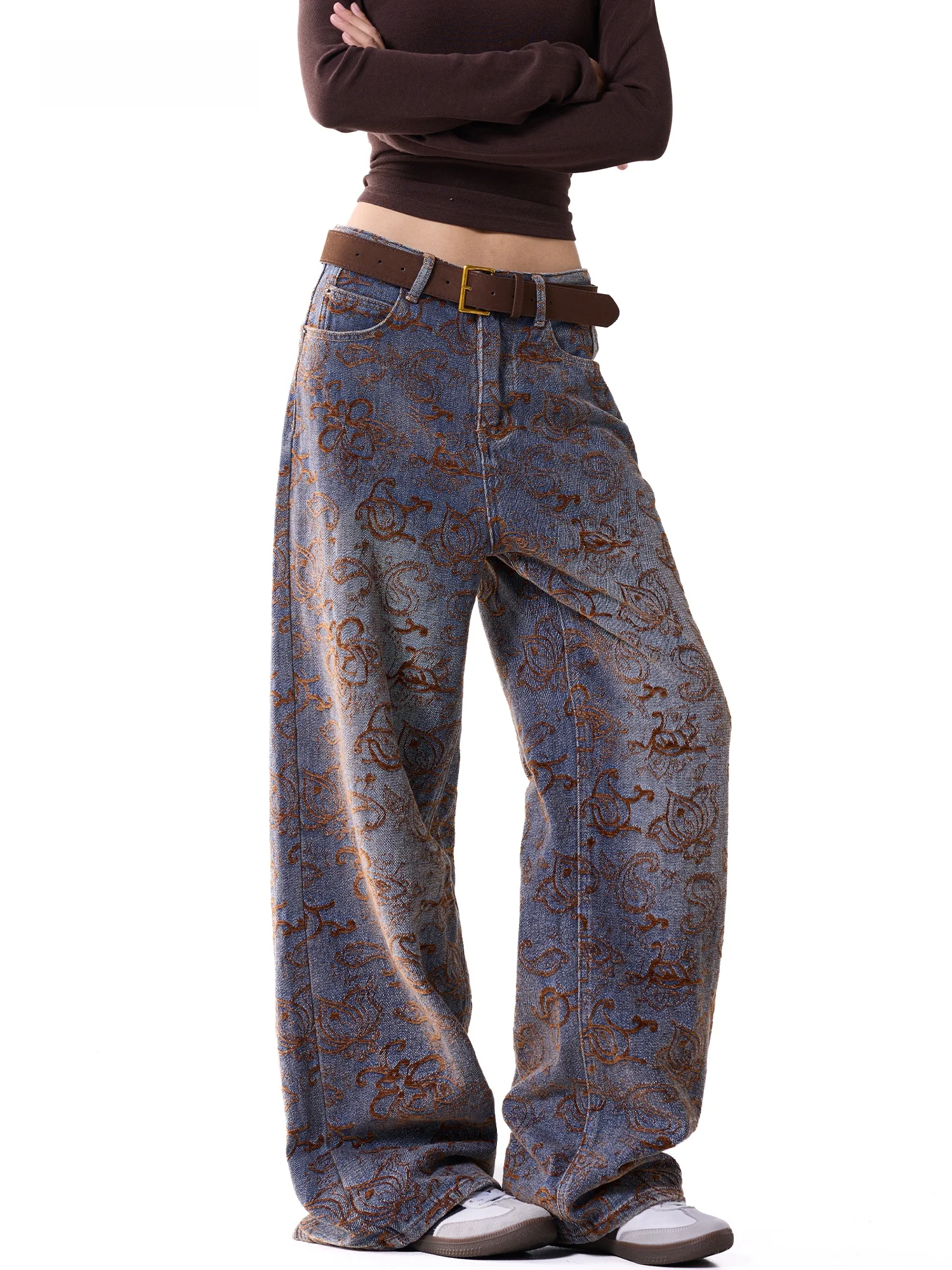 Retro High Waist Draped Wide Leg Jeans Women's Straight Cut Denim Floral Embroidery Slimming Long Pants Autumn Fashion