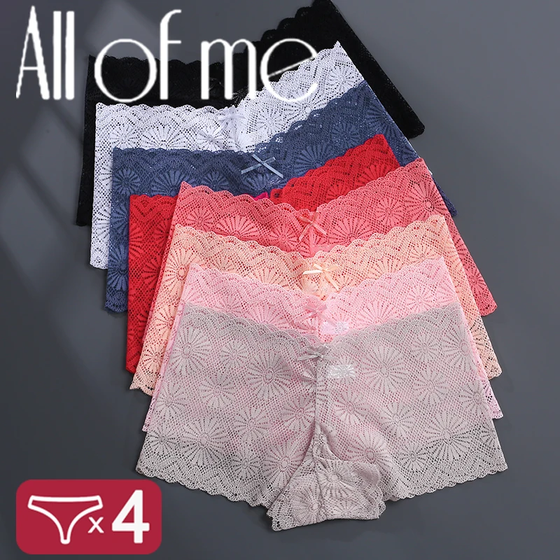 4Pcs Mode Frauen Mittlere Taille Plus Größe Höschen Spitze Mesh Floral Transparente Schriftsätze Unterwäsche Solide Nahtlose Unterhosen Dessous