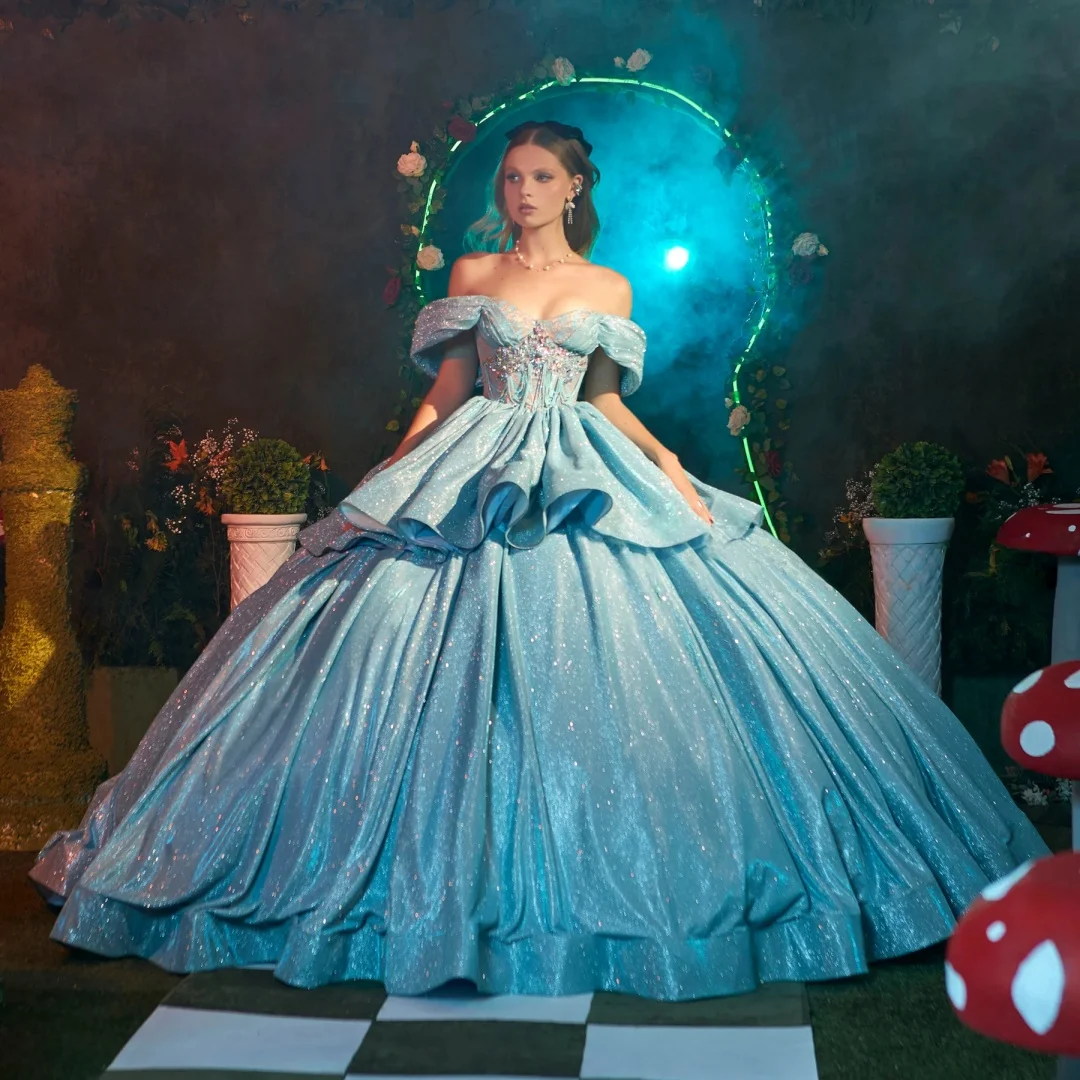 

Синие платья Charro Quinceanera, бальное платье с открытыми плечами, расшитое бисером мексиканское сладкое платье 16, 15 Anos по индивидуальному заказу