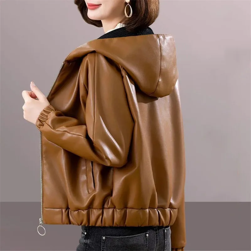 الرجعية المرأة موضة كبيرة الحجم 4XL فو سترة جلدية 2025 السيدات مقنعين سترة جلدية الخريف الشتاء فام قصيرة بولي معطف معطف جلد