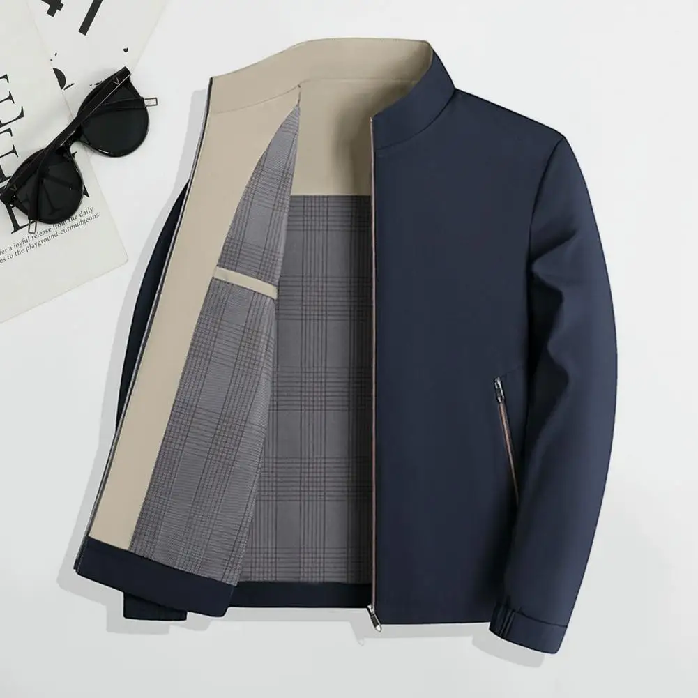 

Мужская куртка с воротником-стойкой и длинным рукавом, однотонная куртка с клетчатой подкладкой, пальто с карманами на молнии, меховой воротник с капюшоном, повседневная верхняя одежда