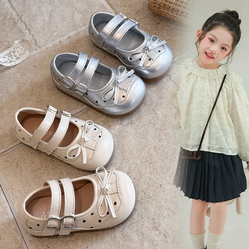 Girls' PU Leather Shoes Spring Autumn Girls' Baby Flats Shoes Bow Fashion Princess Shoes Girl Soft-soled Loafer Shoes
