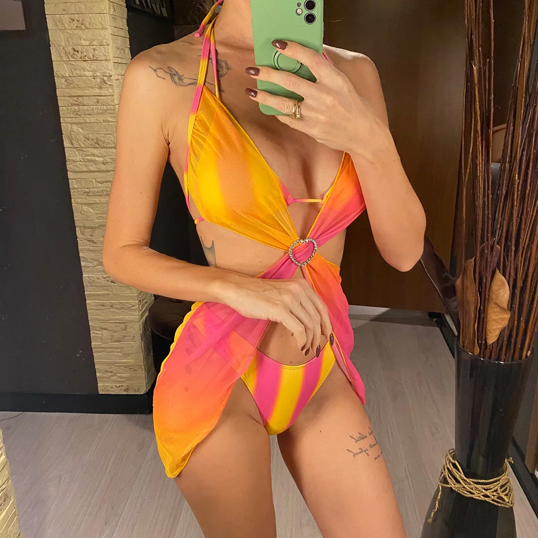 Neuer, sexy, mit Kleid, Batikmuster, gestreifter Bikini, Damen-Badeanzug, dreiteiliges Bikini-Set, Damen-Badebekleidung, Badeanzug, Schwimmanzug V4985 – Detail 5