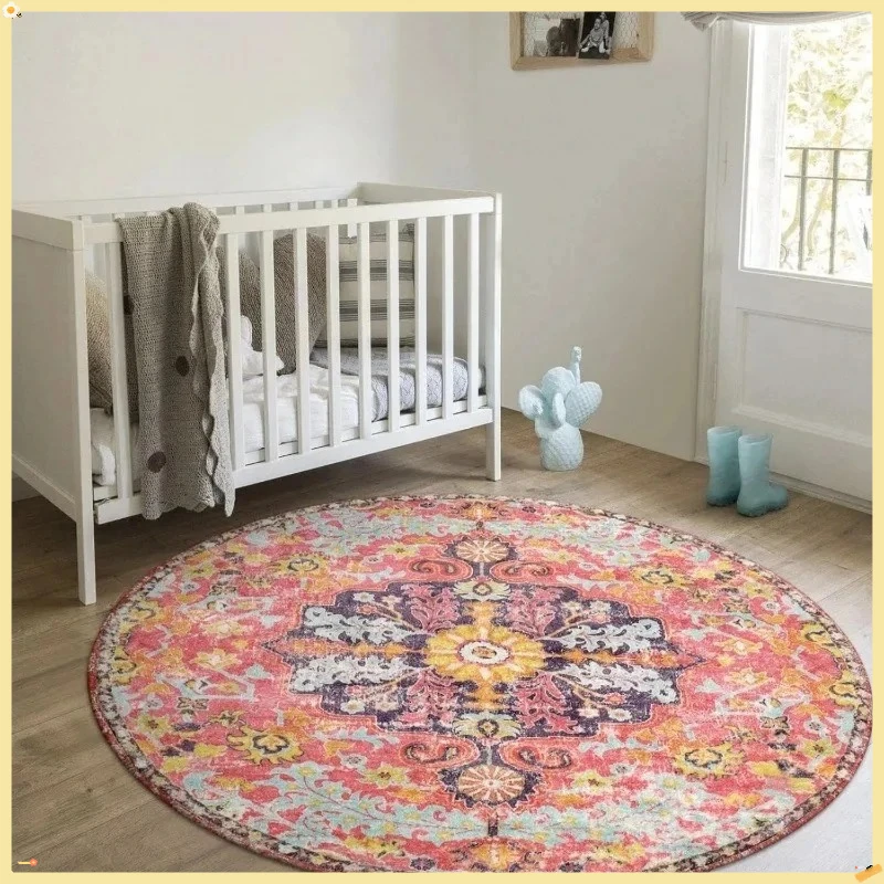 

Bohemian Floral Medallion Round Rug - 4Ft Hot Pink Soft Round Area Rug Bedroom Kitchen Mat, Turkish Washable Indoor Floor