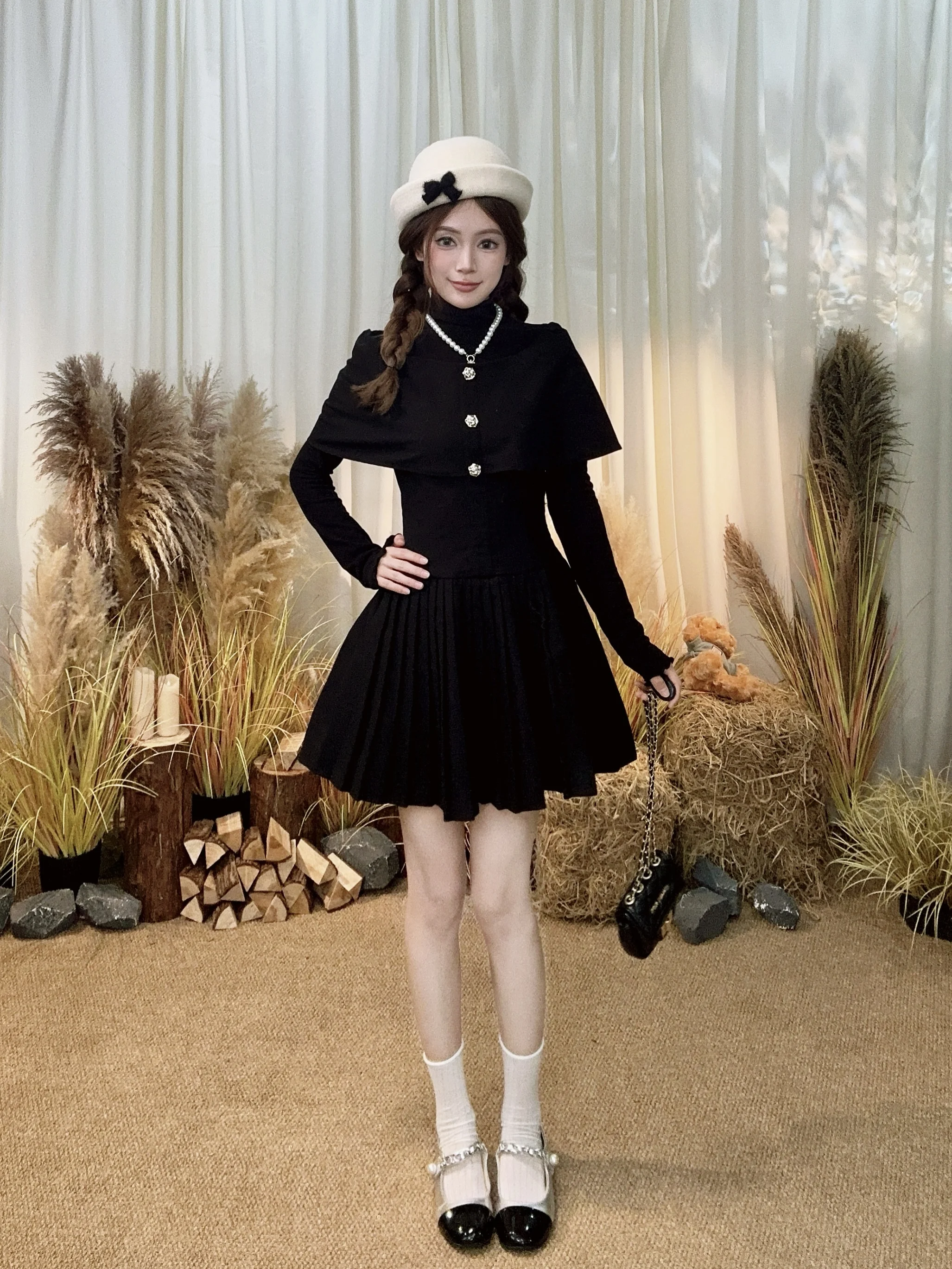 

Ele MOXI Bla Gauzy Wrap Dr with Stand Collar Slim Fit Long Sve A-Line Skirt for Young Women Casual Autumn Dr