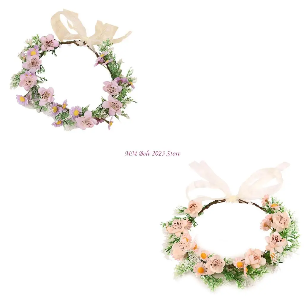 

49ME Delicate Fabric Flower Crowns Elastic Band Baby Shower Accessory Girls Spring Festival