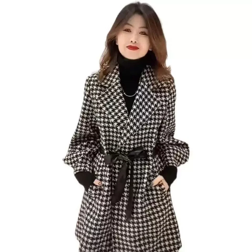 2023 nuove donne cappotto di lana moda di media lunghezza con cintura giacca a vento autunno inverno coreano Slim Bow Plaid giacca soprabito in lana