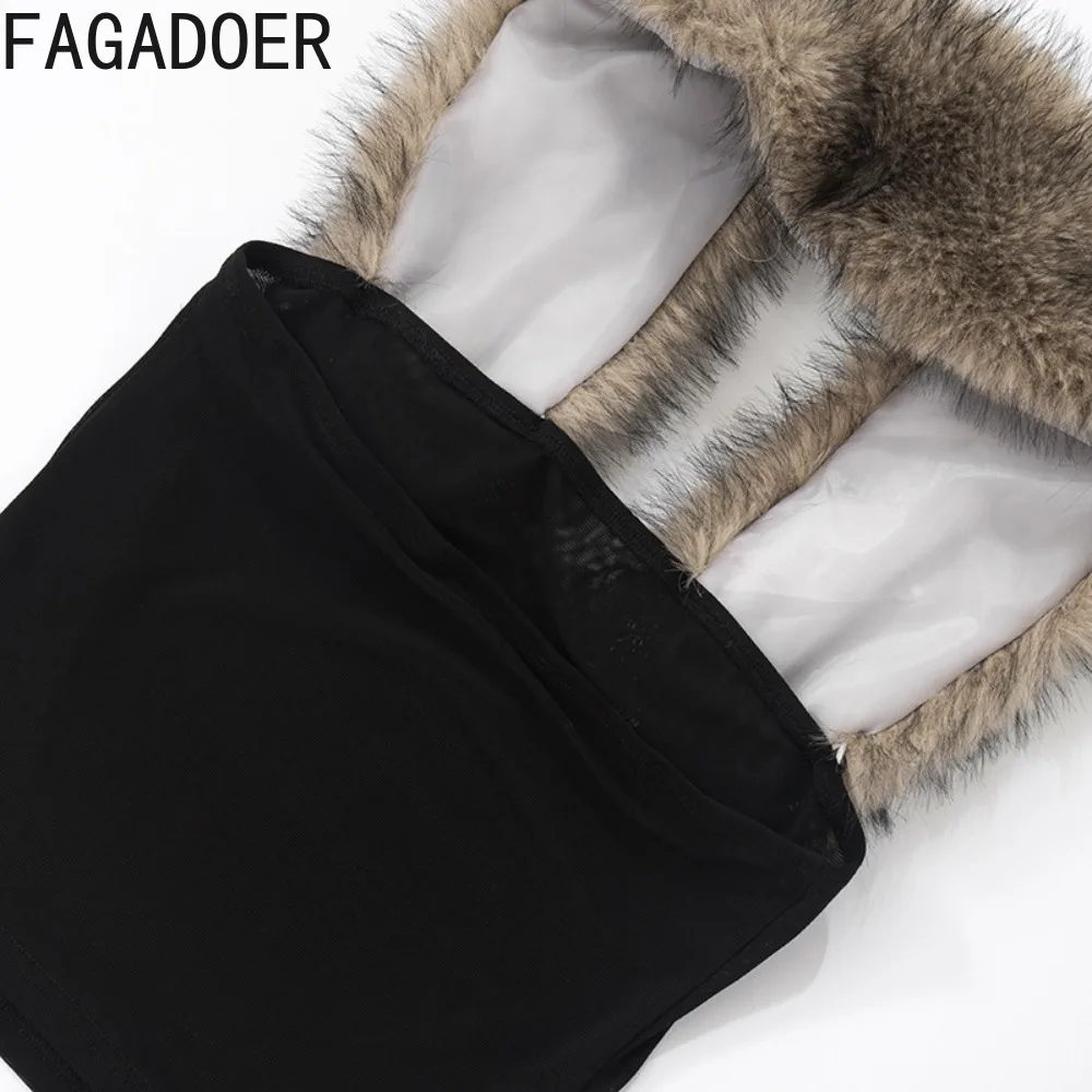 FAGADOER مثير الفراء المرقعة Bodycon تي شيرت المرأة بلون انظر من خلال عارية الذراعين التي شيرت الإناث ملابس الشارع الشهير 2025 جديد