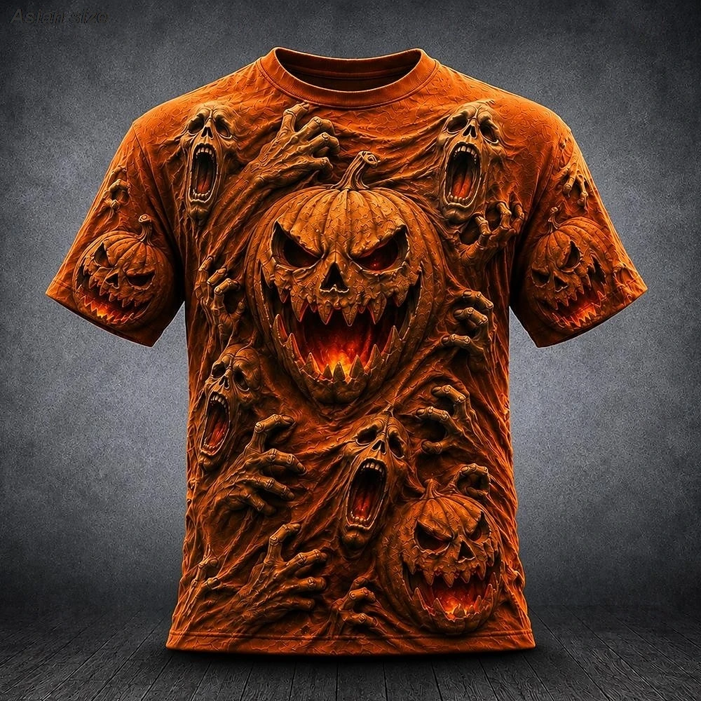 Men's 3D Pumpkin Ghost Graphic T‑Shirt Halloween Horror Theme Crew Neck Short Sleeve Casual Daily Tees Tops