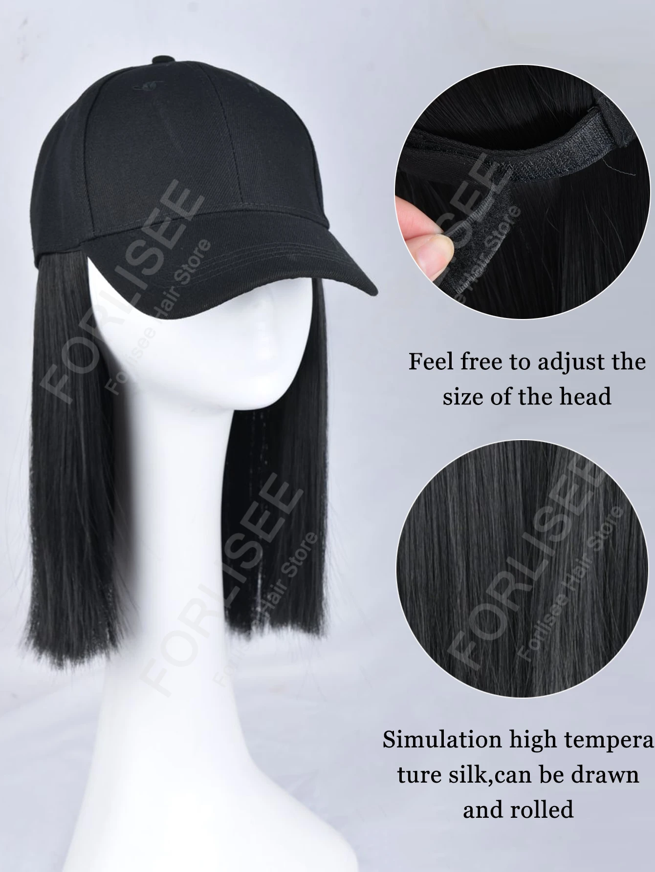 10 بوصة وصلات شعر صناعية مستقيمة مع قبعة بيسبول سوداء شعر مستعار للنساء الفتيات ألياف مقاومة للحرارة عادية يوميا #2