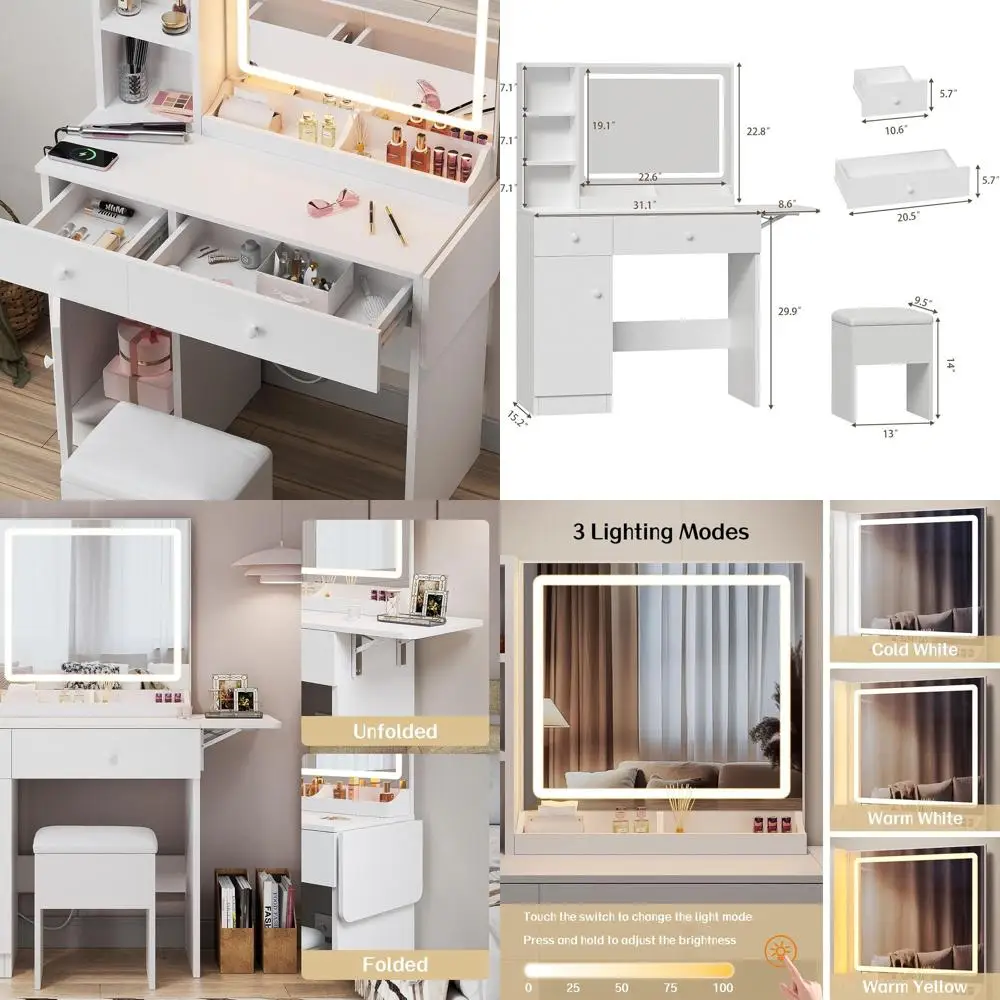 Bureau de maquillage blanc éclairé avec rangement, chargement et 3 modes d'éclairage pour vanité de chambre à coucher