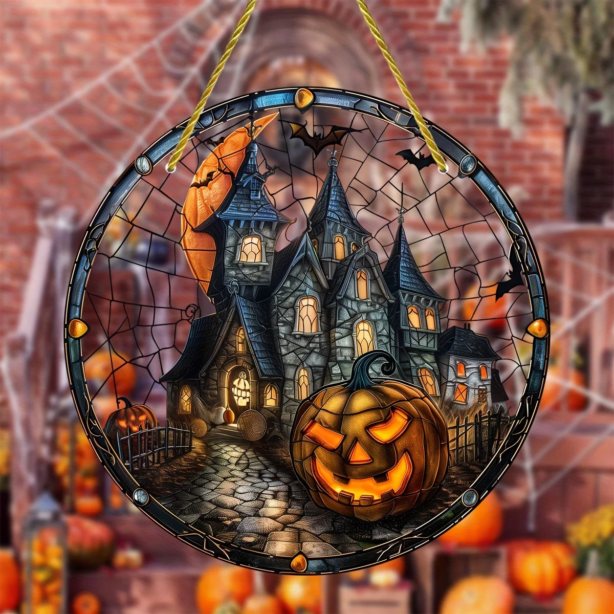 Halloween Haunted Mansion Town-Round Acrylic Window Hanging Light Catcher,Home&Garden Decor,Porch,Yard Accent-Ideal Holiday Gift