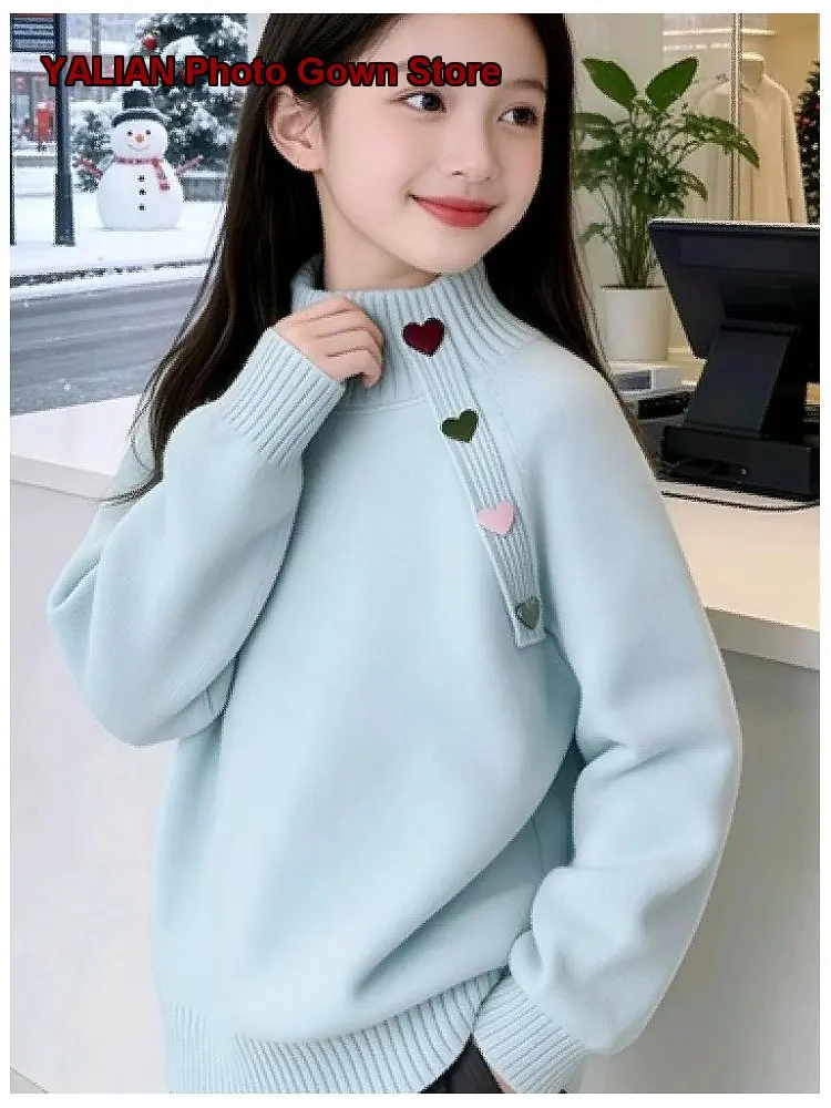 Girls Winter Dress 2025 Children Fleece Lined Thickened New Year Knit Sweater Winter Top Kids
