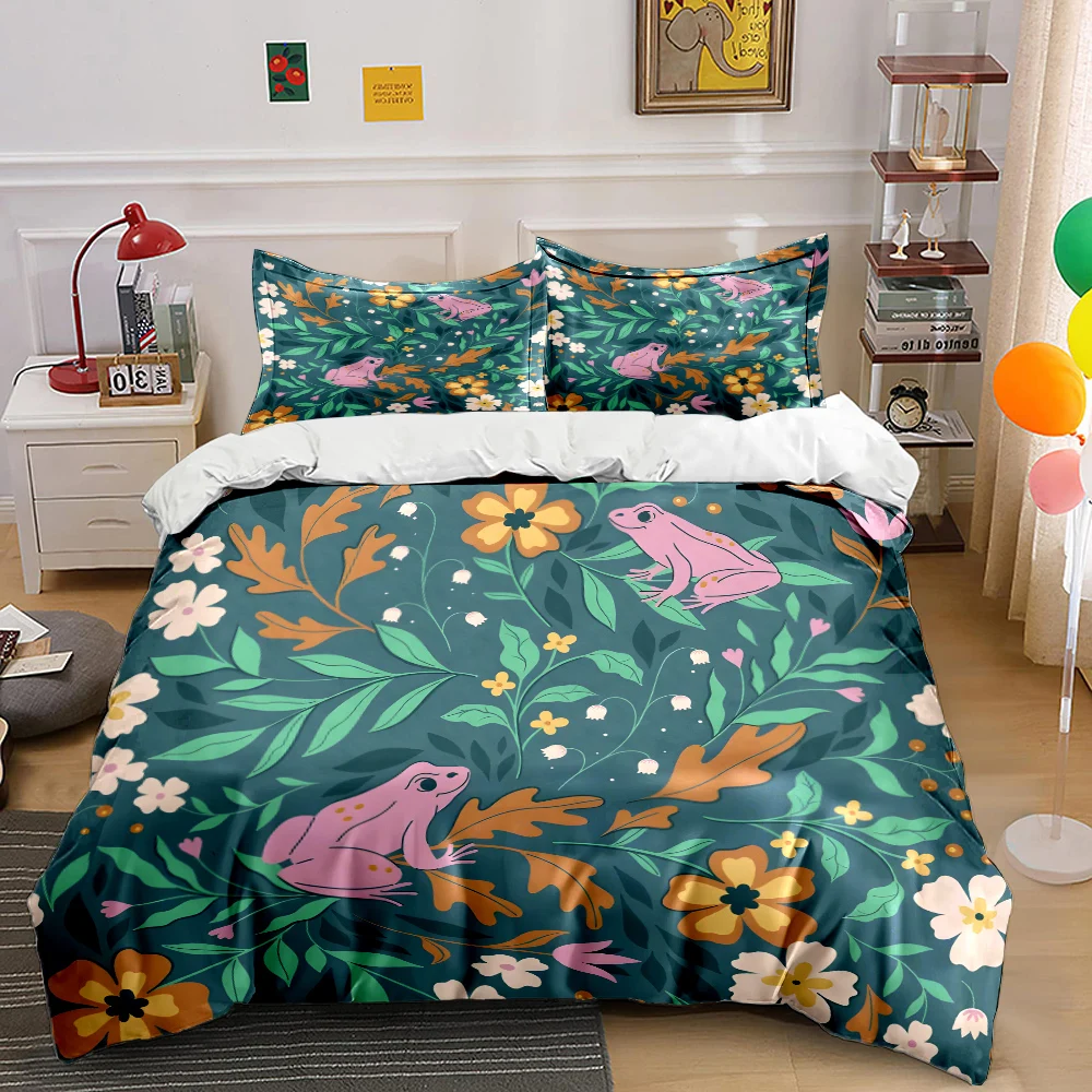 3pcs Pink frogs with floral pattern Bedding Set 1 Duvet Cover 2 Pillowcases for Adult and Children Luxury Gift Full Size