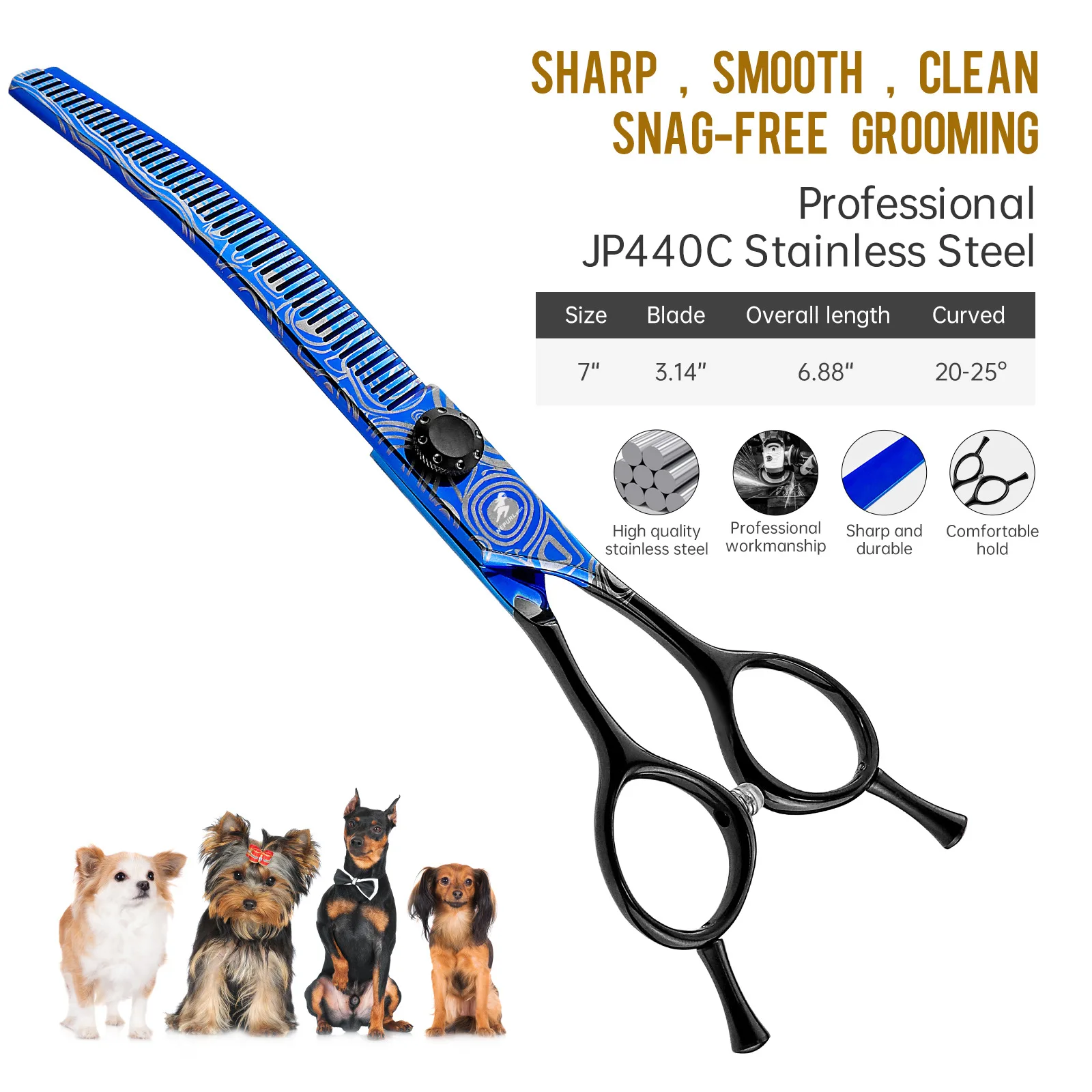 Dog Curved Chunker Scissors 7” Japan Stainless Gold Pet Curved Thinning Scissors Bend Down Chunker Shears Hairdressing Scissors