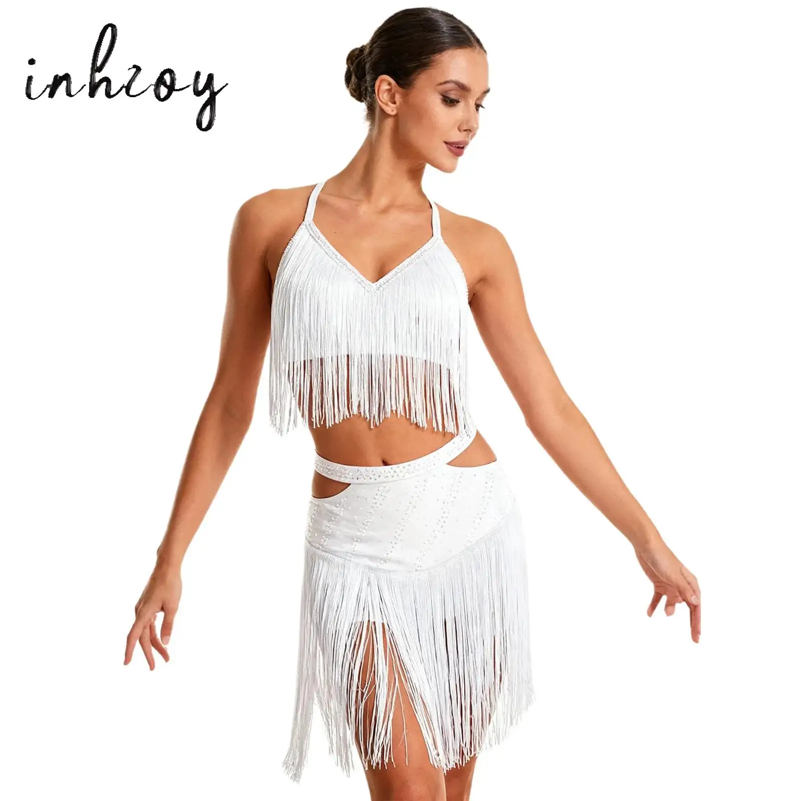 

Women Cha Cha Outfits Fringe Salsa Latin Dance Costume Tassels Crop Top with Skirt Tango Samba Performance Competition Clothes