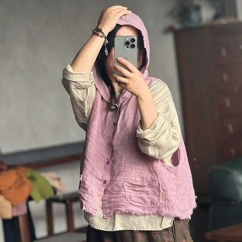 Summer Autumn Casual Hooded Vests Women Loose Vintage Solid Commuting Sleeveless Waistcoats Korean Cardigan Abrigos