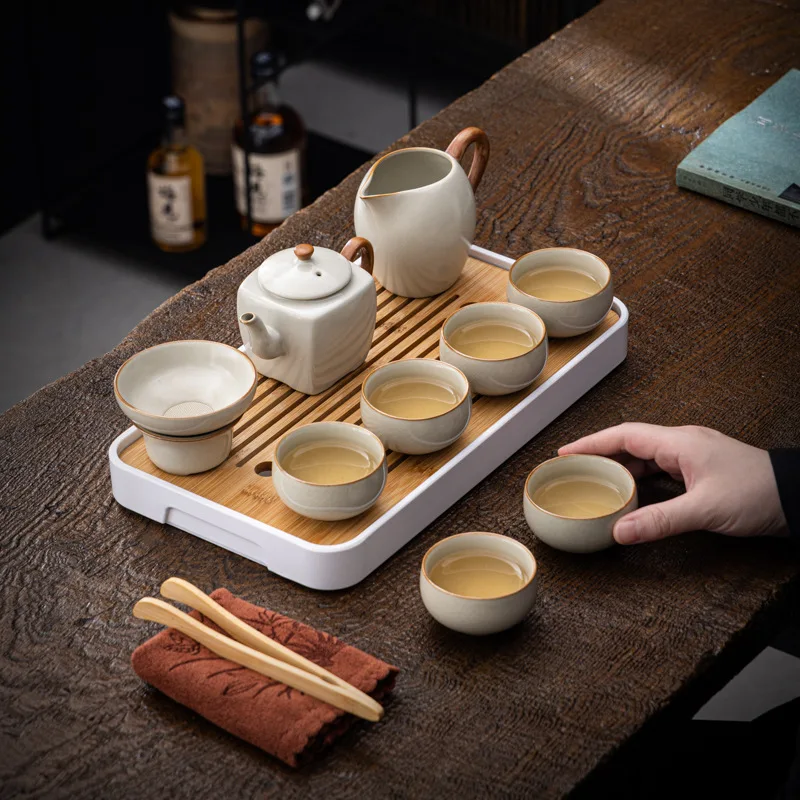 Beige Ru Kiln Travel Tea Set Portable Camping Outdoor Tea Drinking Equipment with Tea Tray Business Gift