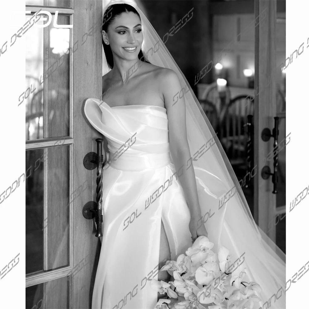 SOL Elegant Strapless Pleat Side Slit Tulle Wedding Dress Simple Backless Sleeveless Sweep Train Bridal Gowns Sexy Custom Made