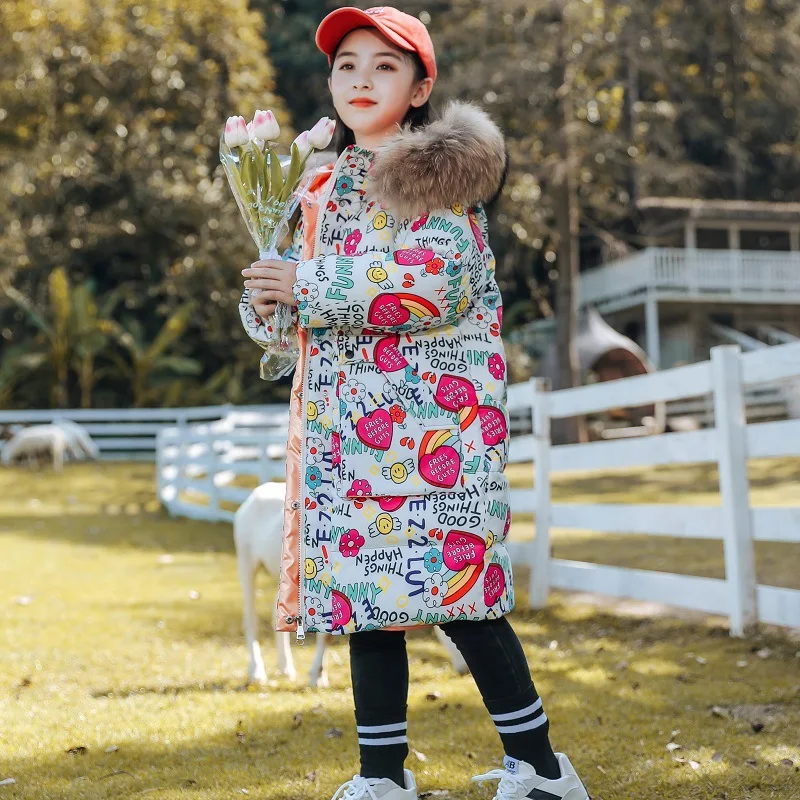 

RAISE Russian Children Girl Puffer Jacket Faux Fur Hooded Windproof Jacket For Teen Girl Contrast Graffiti Kid Girl Snowear Coat