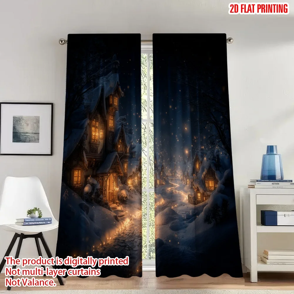 2 قطعة 2D الطباعة المسطحة عيد ميلاد سعيد الستائر دافئ الشتاء قرية مساء المشهد الرقمية المطبوعة البوليستر الستائر حفلة الأسرة #1