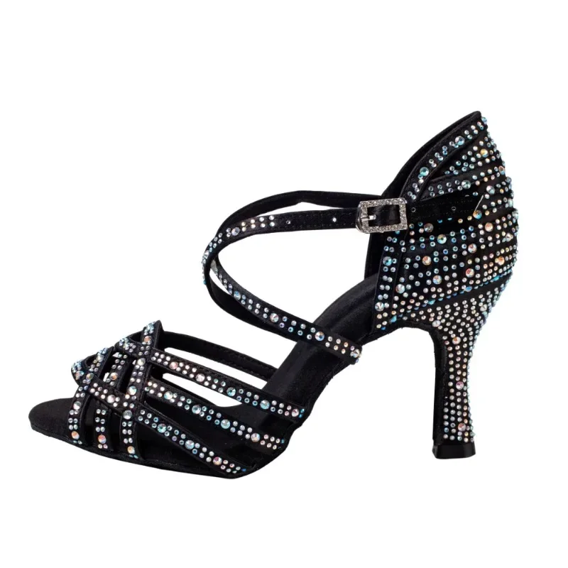 Women Party Dance Shoes Satin Shining rhinestones Soft Bottom Latin Dance Shoes Woman Salsa Dance Shoes heel