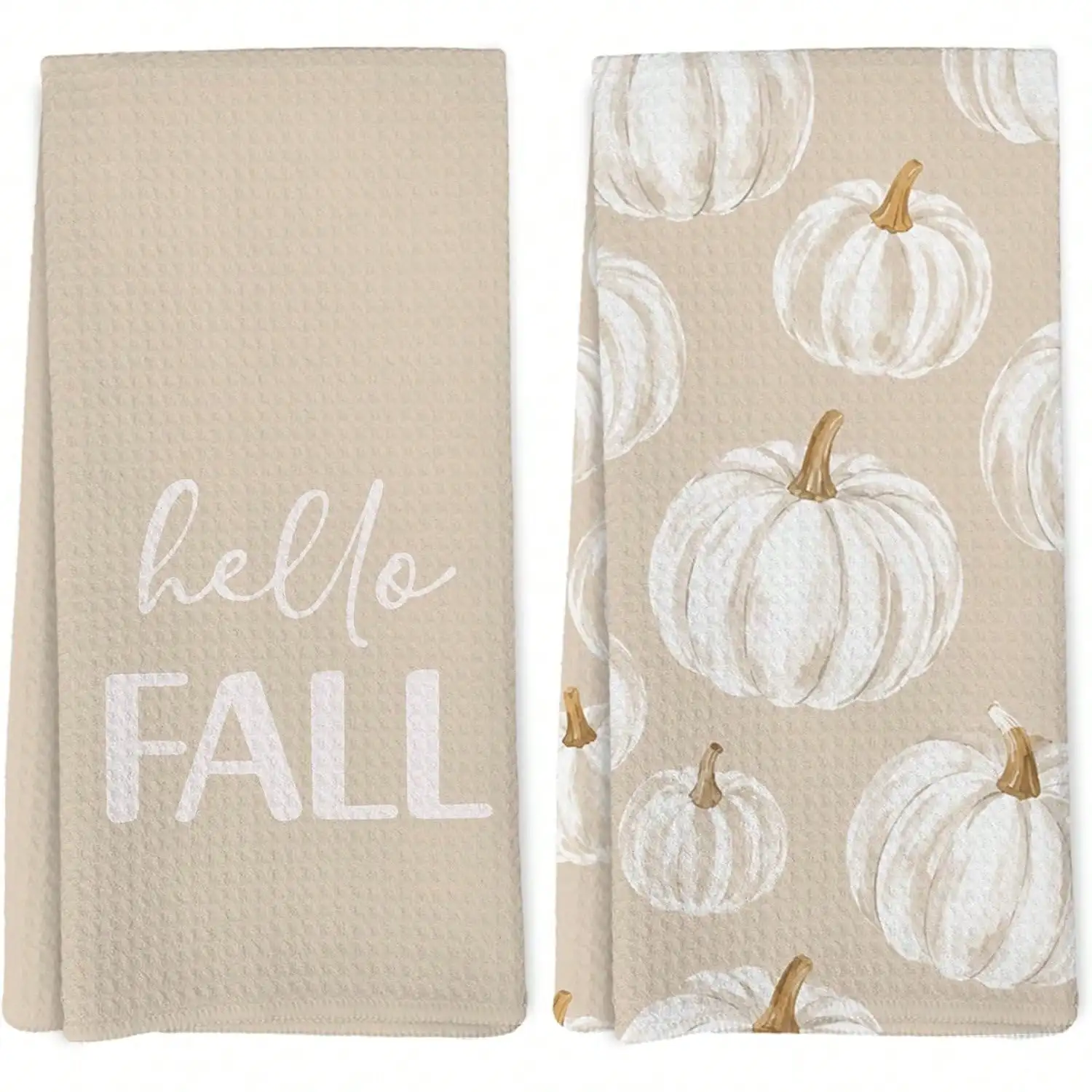 2pcs Neutral Beige Hello Fall White Pumpkin Fall Kitchen Towels, Soft Absorbent Multi-Purpose Face Washing Towels, Fall Harvest Autumn Home Decor, Farmhouse Thanksgiving Decorations, Ideal Thanksgiving Day Gift For Kitchen Housewarming