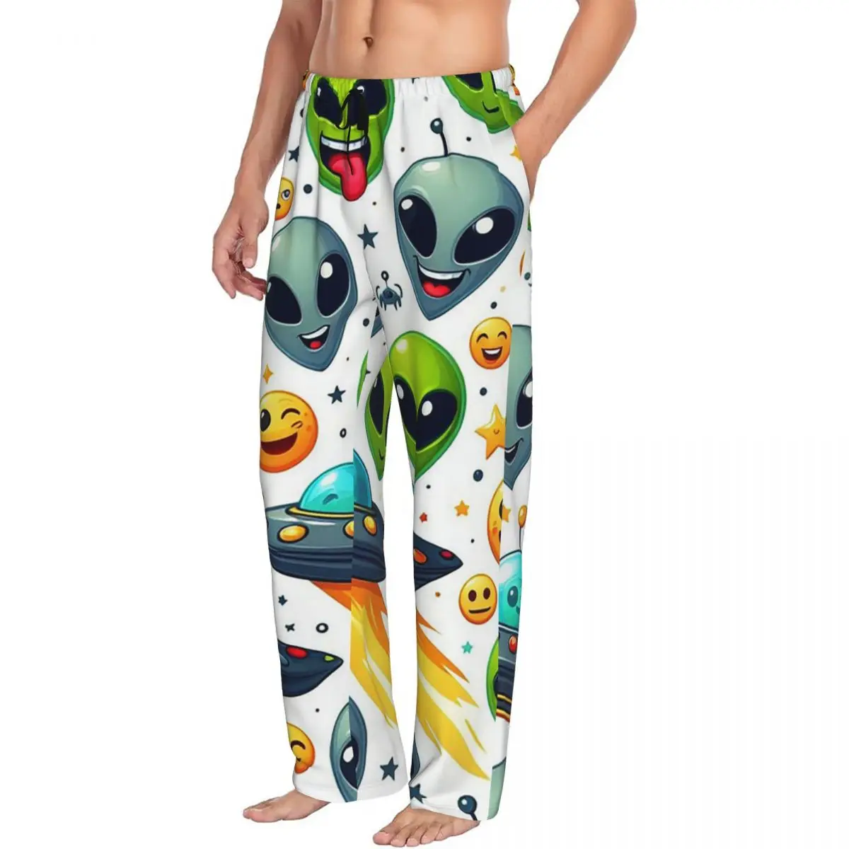 Custom Green Alien And UFO Pattern Pajama Pants Men Sleepwear Sleep Lounge Bottoms with Pockets