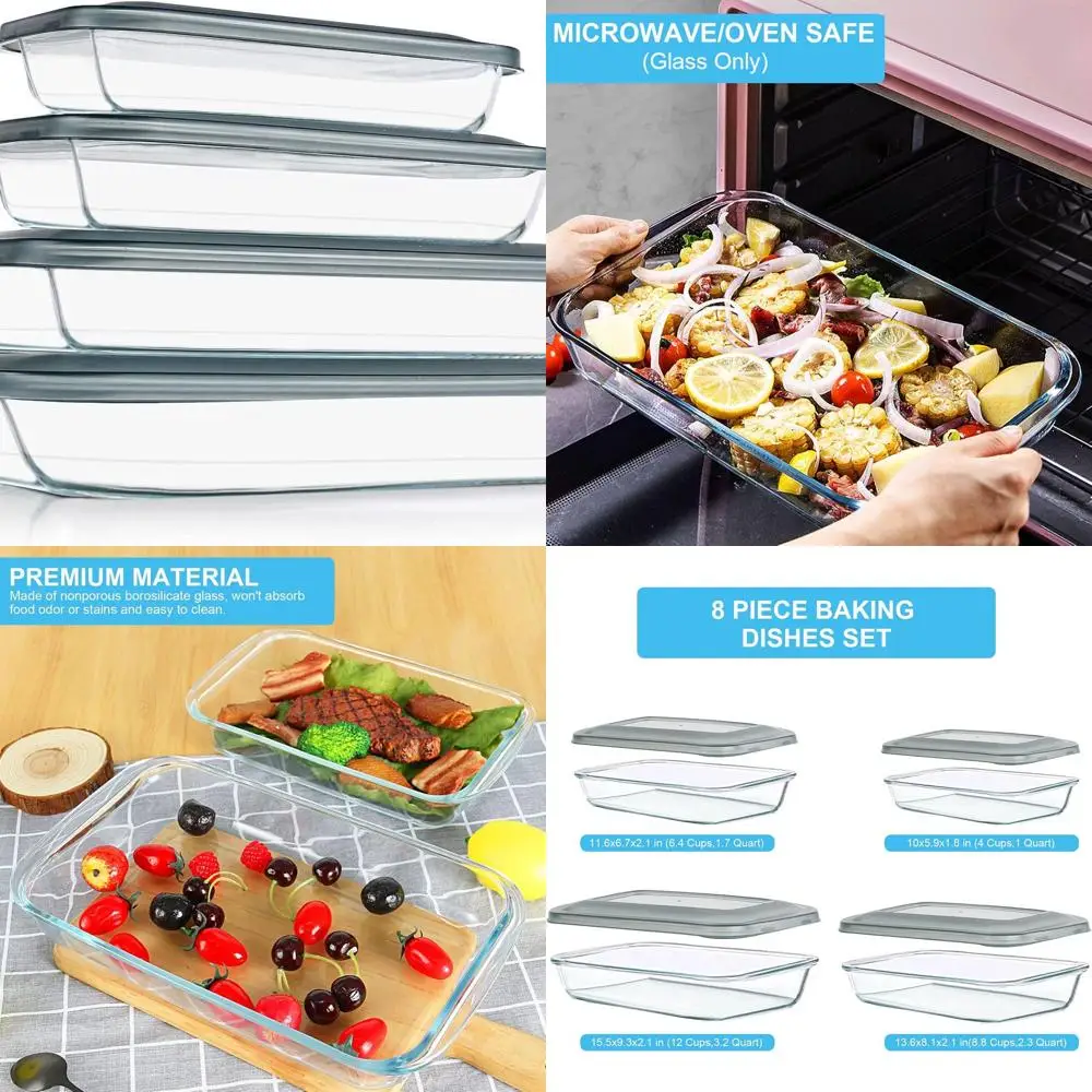 

Набор прямоугольных стеклянных форм для выпечки с крышками, 8 предметов, идеально подходит для лазаньи, хранения и использования в духовке, серый
