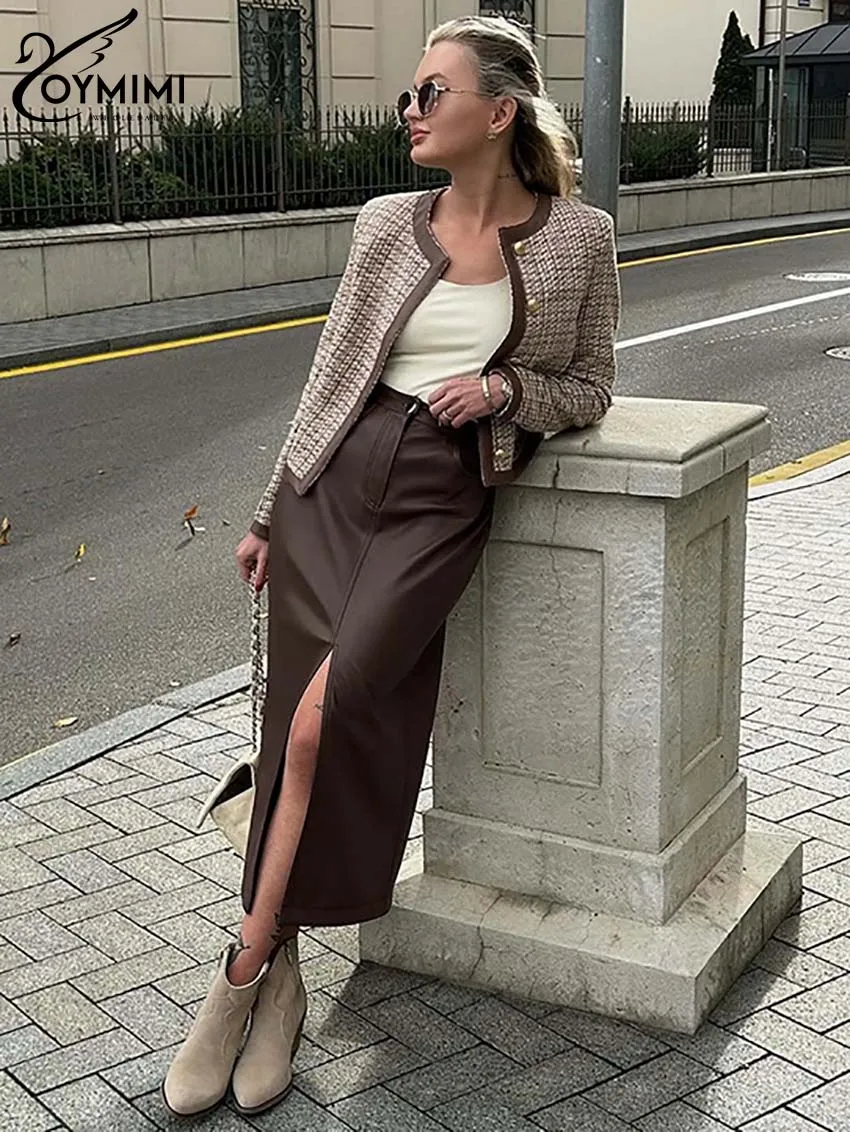 Oymimi Elegant Brown Pu Leather Skirts For Women Fashion High Waisted Slim Button Skirts Casual Straight Mid-Calf Skirt Female