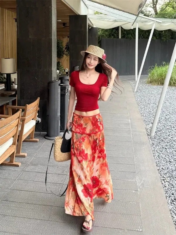 

plus Size Women's Fashionable Hollow out Back T-Shirt And Skirt Set Summer Print Casual Wear Comfortable Regular Fit Commute ...
