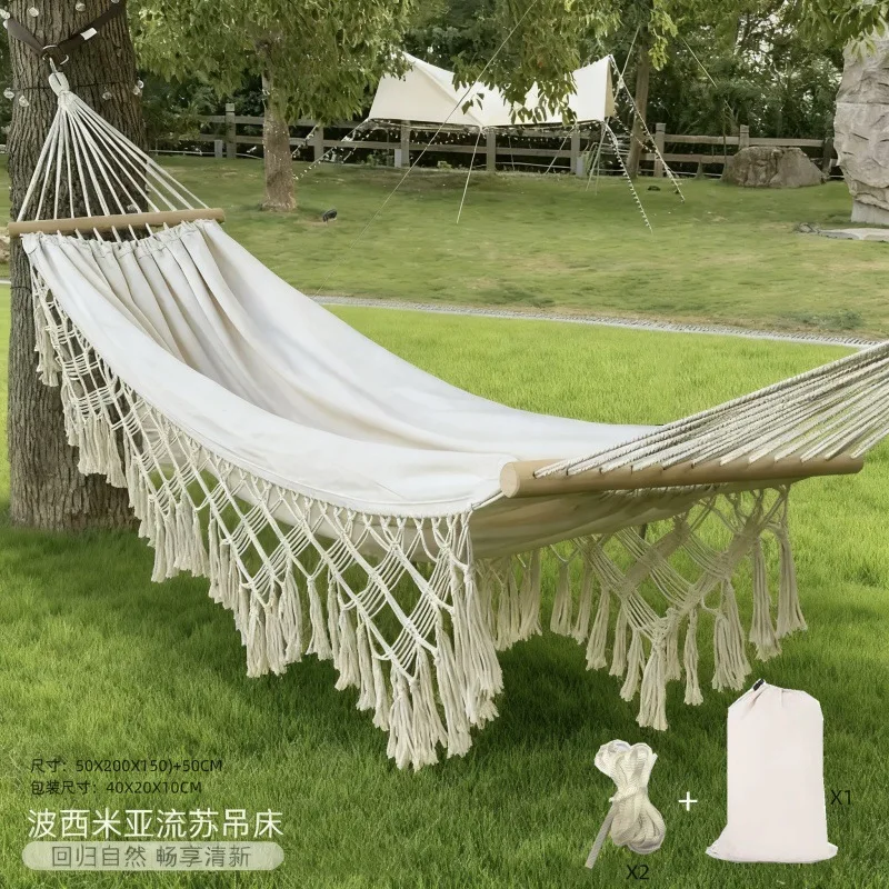 Double Tassel Canvas Hammock 340G Thickened Anti Rollover Swing Bed Bohemian Style Portable Hammock For Outdoor Camping Garden