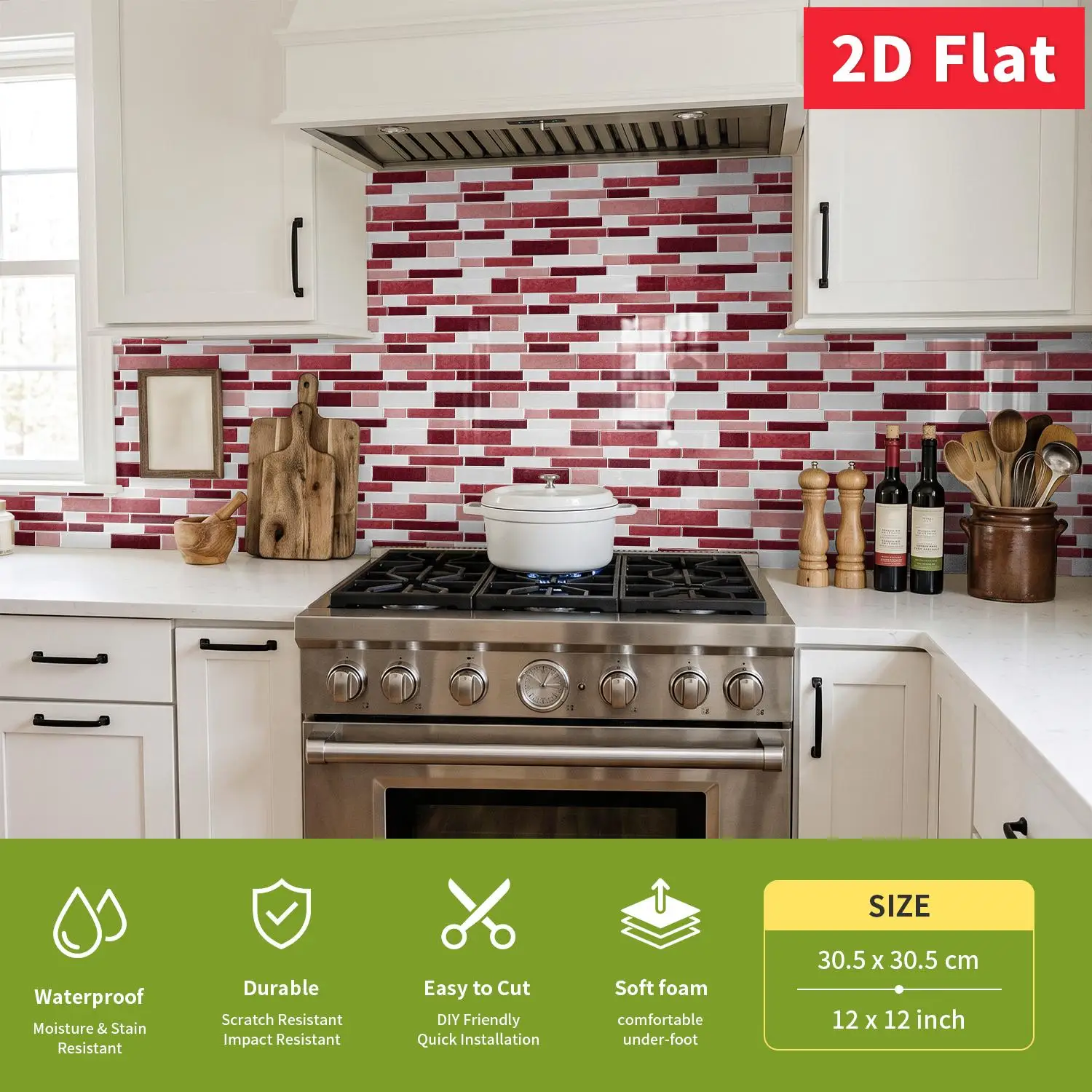 Burgundy Red Subway Peel and Stick Tile 12×12 Inch Thick Foam Wall Sticker Cuttable Home Wall Backsplash