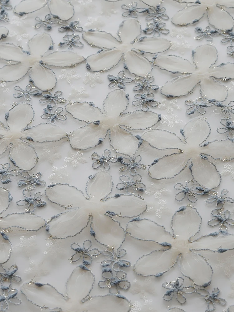 INS Style Grey Blue Lace Mesh Fabric with Embroidery and Sequin for Dresses and Clothing By The Yard