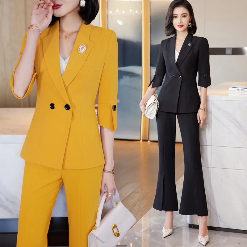

Yellow Suit Set for Women, High-End Elegant Professional Formal Wear, Spring/Summer Three-Quarter Sleeve Blazer and Flared Pants