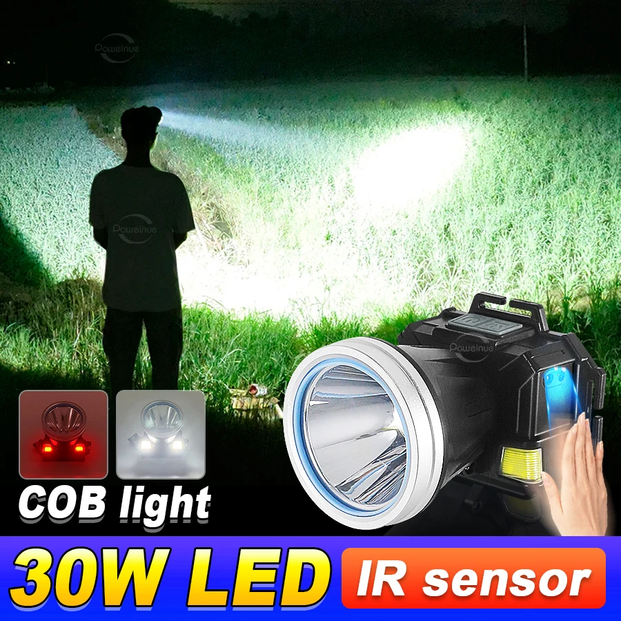 

1000000000 Lumens High Power LED Headlight Motion Sensor Headlight Outdoor Camping White Laser Fishing Light Power Bank Function