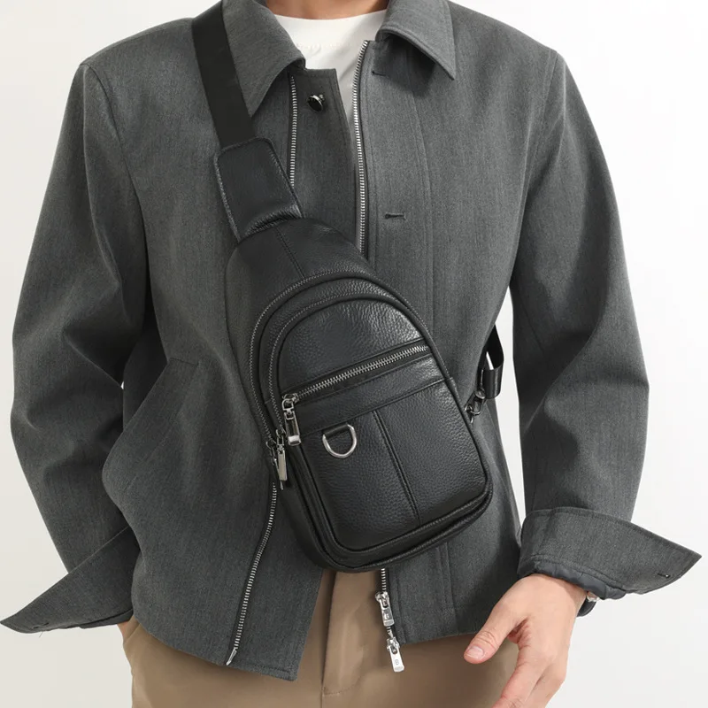 

Real leather men's snapback messenger bag with large capacity, water-resistant and multiple pockets, crossbody backpack