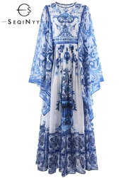 SEQINYY Sicily Long Dress Summer Spring New Fashion Design Women Runway Chiffon Flare Sleeve High Street Flowers Blue Print